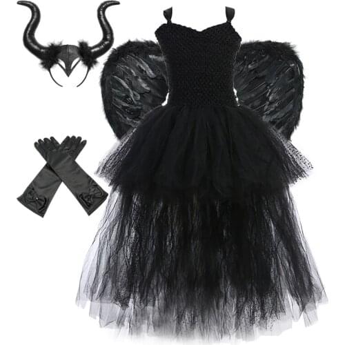 Black Angel Wings Tutu Dress for Girls Devil Halloween Costume for Kids Girl High Low Fancy Dresses Party Children Outfit V-neck