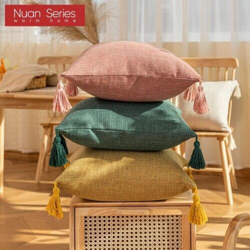 Solid Plain Linen Cotton Pillow Cover With Tassels Yellow Beige Home Decor Cushion Cover 45x45cm Pillow Case Sofa Throw Pillow