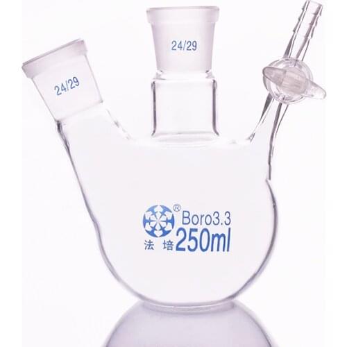 Two-necked reaction flat bottom bottle oblique shape,Capacity 250ml,Joint 24/29,Glass switch valve,Two-port reaction flask