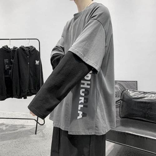 Punk Tshirt Clothes Harajuku BF Loose Casual Fake Two-piece Long-sleeved T-shirt Mens Student Oversized T Shirt Summer O-Neck