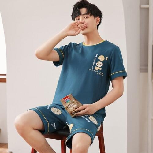 Cotton Short Sleeve Pajamas Set For Men Cool Blue Round Neck Cartoon Male Sleepwear Summer Casual Plus Size Loose Man Homewear