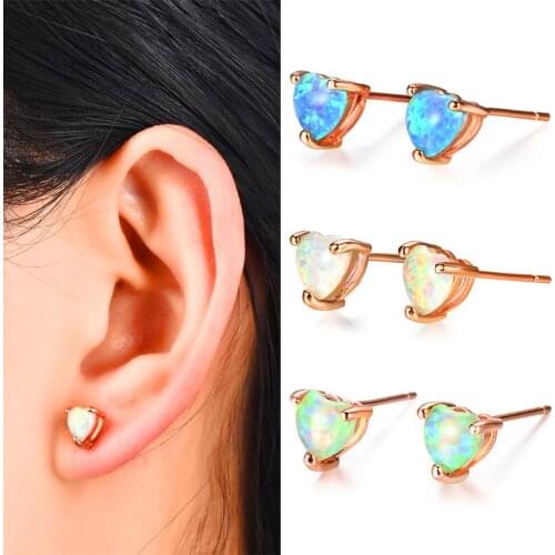 Cute Women Small Heart Earrings Rose Gold Filled Wedding Jewelry Bohemian White/Blue/Green Fire Opal Stud Earrings For Women