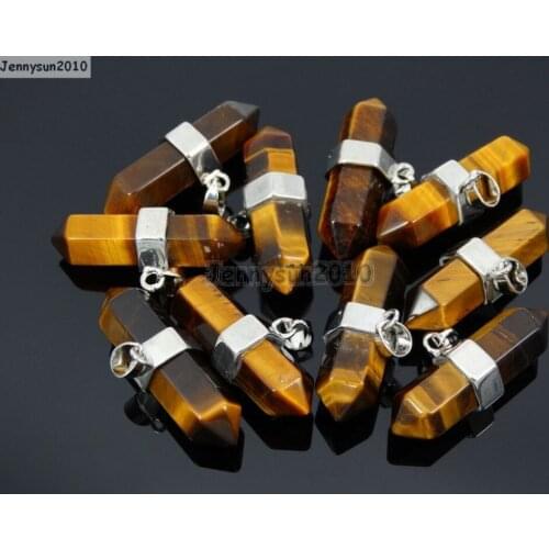 Natural Tigers Eye Gems Stones Horizontal Hexagonal Pointed Reiki Chakra Pendant Beads Necklace Jewelry 10Pcs/Pack