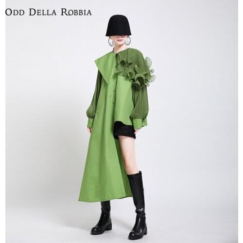 OddDellaRobbia 2021 Spring Women Vintage Heavy Metal Handsome Asymmetric Skirt Stitching Wood Ears Gauze Pleated Shirt Top 1507
