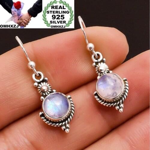 OMHXZJ Wholesale European Fashion Woman Girl Party Wedding Gift Vintage Round Moonstone S925 Sterling Silver Drop Earrings EA370