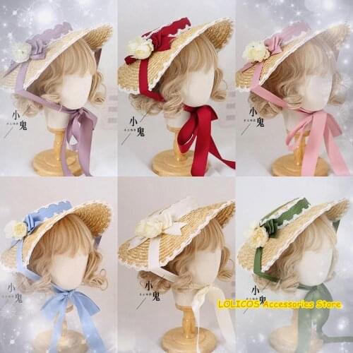 Pastoral style French Sweet Lolita Lace Bandge Bow Straw Hat Flat Hat Summer Cosplay Mori Girl Tea Party Sunhat Beach Cap