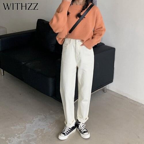 WITHZZ Spring Autumn Womens High Waist Denim Pants Retro Loose Droop White Straight Wide Leg Trousers Asian Size Jeans