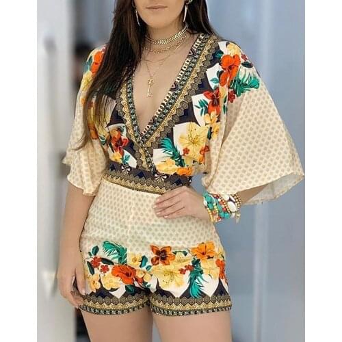 Women Playsuits Partially printed deep V jumpsuit women 2020 Ladies Partially Printed Deep V Jumpsuit