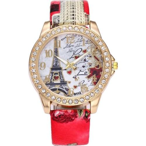 80%HOT Women Eiffel Tower Rhinestone Faux Leather Strap Round Dial Analog Quartz Watch