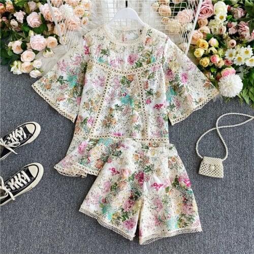 Summer Elegant Embroidery Shorts Sets Womens Going Out Loose Floral Hollow Top High Waist Shorts Two-Piece Sets Female Outfit