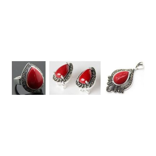 Ladys designed Red Coral Carved Lacquer Marcasite 925 Sterling Silver Ring(#6-9) Earrings & Pandent