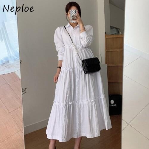 Neploe Fungus Patchwork Big Swing Dress Solid Color Turn-Down Collar Elegant Femme Vestidos 2021 Single Breasted Dresses Women