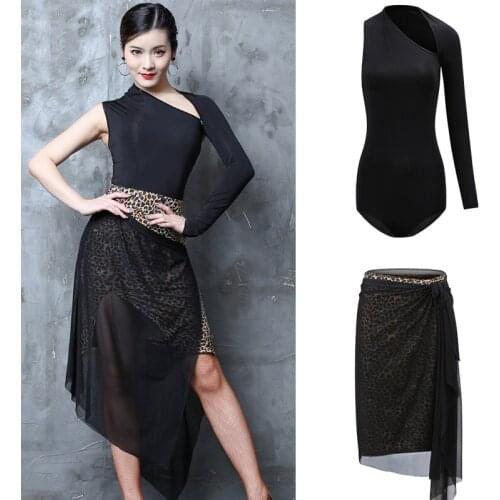 Fashion Latin Performance Dance Dresses WomenS Sexy Single Sleeve Bodysuit Leopard Skirt Dress Ballroom Dancing Costumes XS1885