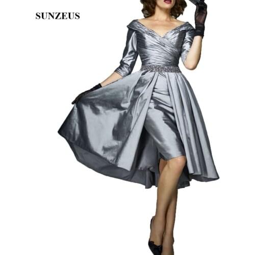 Gray Mother Of The Bride Dresses 2020 Sheath Knee Length V-neck Women Wedding Party Dress With Half Sleeves Formal Gown CM0103