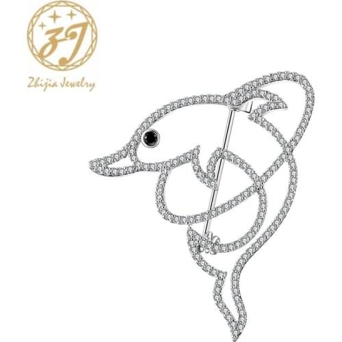 Zhijia Fashion Animal Dolphin Pins Brooches For Women Gold Silver Color Cute Dolphin Crystal Rhinestone Brooches Gifts