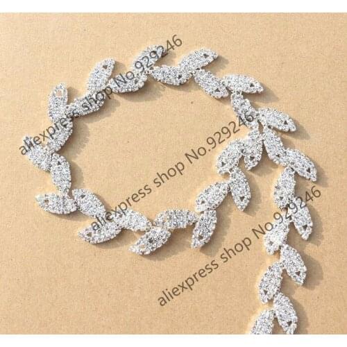 Gold AB thin leaf crystal trimmings clear rhinestone metal chain for bridal wedding dress decoration silver AB strass chain