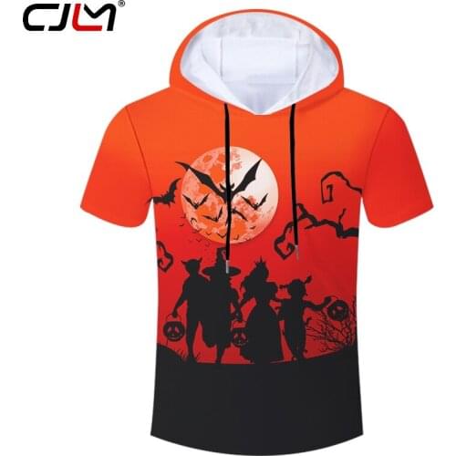 CJLM Winter Halloween Man Hooded Tshirt 3D Printed Bat Moon Mens Tee Shirt Black Witch And Child Unisex T-shirt Wholesale