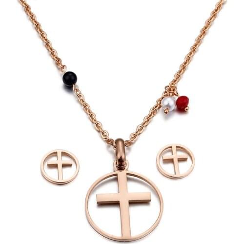 Rose Gold Woman Jewelry Sets Cross Round Pendant Necklaces Earrings Stainless Steel for Women Girl Gift