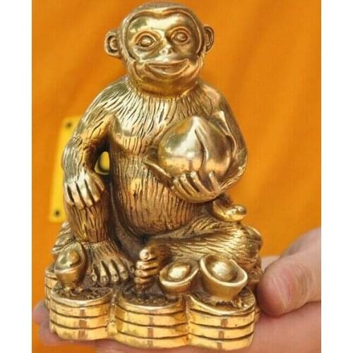 Chinese Feng Shui brass wealth longevity peach Zodiac animal monkey lucky statue