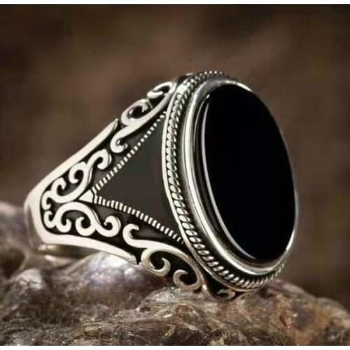 Mens Fashion Vintage Silver Carved Ring Natural Gemstone Black Agate Stone Ring Noble Gentleman Engagement Wedding Ring