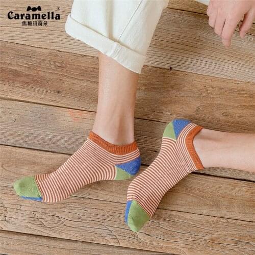 3 Pairs/Lot Caramella Mens Socks Colorful Stripes Cotton No Show Ankle Socks Low Cut Non Slip Socks for Men