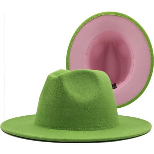 New Outer Dark green Inner red Wool Felt Jazz Fedora Hats with Thin Belt Buckle Men Women Wide Brim Panama Trilby Cap 56-60CM