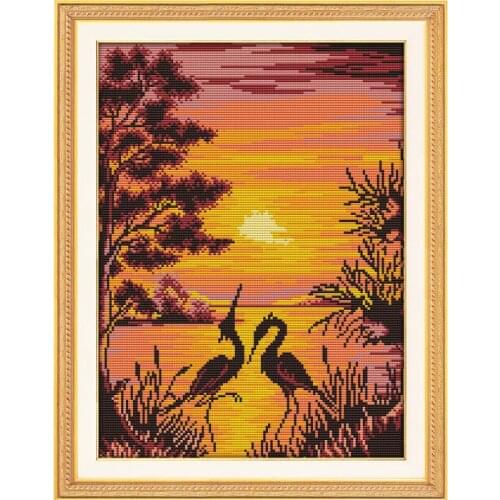 Joy Sunday Crane Shadow In Sunset Counted DMC Cross Stitch Print on Canvas Set Chinese Cross Stitch Embroidery Kits Home Decor