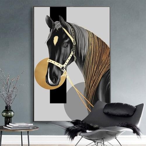 Modern Black Horse Gold HD Posters Canvas Wall Art Painting Print and Picture for Living Room Gallery Interior Home Decorative