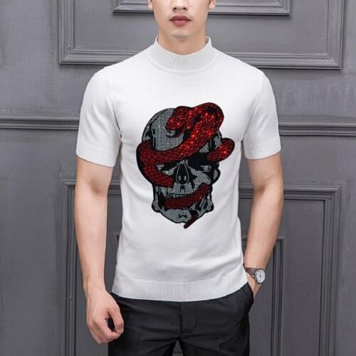 Super HD Shiny Hot Rhinestone Short Sleeve Personality Loose Trend Pullover Slim Luxury Mens T-Shirt Sweater Knitting