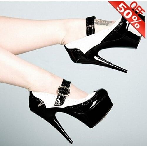 Shallow Round Toe Buckle Strap Platform 15cm High Stripper Heeled Shoes Trend Patent Leather 6 Inch Novelty Cross Dress Gothic