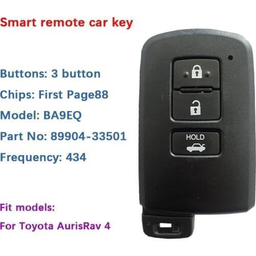 CN007160 Aftermarket 3 Button Smart Key For Toyota Auris Rav 4 434MHz First Page88 Model BA9EQ Part No 89904-33501 Keyless Go