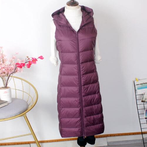 Women 2020 Winter Ultra Light White Duck Down Jackets Female Plus Size Vest Slim Hooded Parkas Ladies Long Sleeveless Coats Q04
