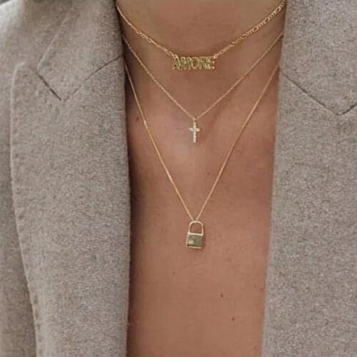 Women Multi Layered Gold Necklace & Pendant 3 Layers Long Chain Necklace Vintage Letter Cross Lock Necklaces Jewelry