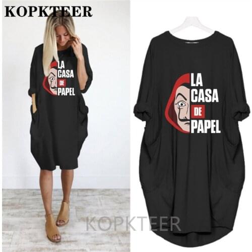 2021 Women Casual Loose Dress With Pockets Fashion O Neck Long Sleeve La Casa De Papel Money Heist Long Tops Female Street Dress