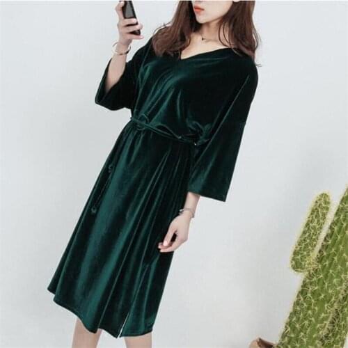 2020 Women Spring Autumn half Sleeve straight dress vintage Velvet V-Neck sashes edium Long dress Vestido plus size Women dress