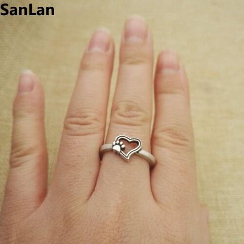 10pcs fashion good quality antique silver plated adjustable pawprints on the heart pawprint rings Dog jewelry SanLan
