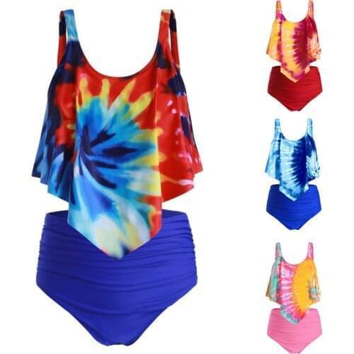 2021 Women Ruched High Waist Bikini Plus Size Swimwear Summer Swimsuit rainbow tie-dye Beach Bathing Suit Ruffle Bikini Mujer