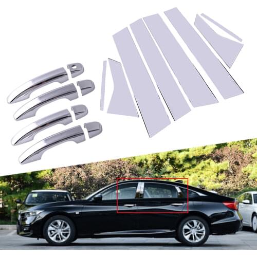 8pcs/Set Chrome Side Door Handle W-O Smart Keyhole + Pillar Post Trim Cover Set Fit for Honda Accord 2018 2019 2020
