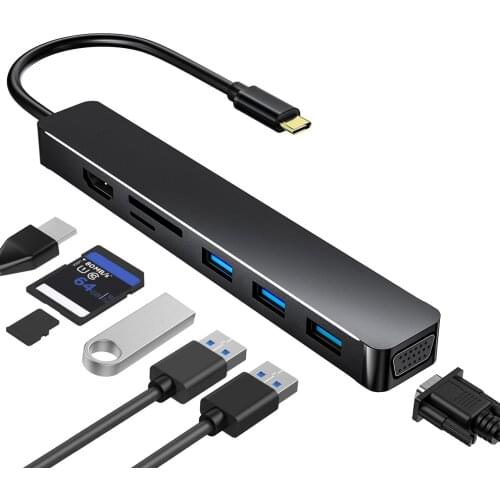 7 In1 Type-C Hub Adapter HDMI-compatible Hub USB3.0 Multi-Function Card Reader Micro-SD Card Slot VAG Type-C Docking Hub Adapter