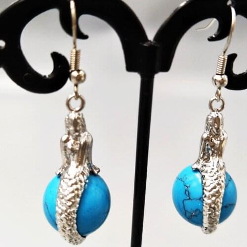 Free Shipping Women Fashion Jewelry 14mm Howlite Mermaid Spherical Beads Dangle Earrings C5314