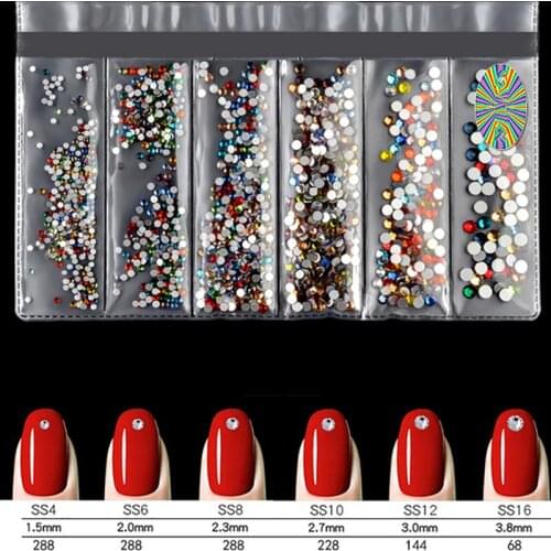6-Size/1Pack Flatback Glitter Rhinestone Shiny DIY Round 3D Nail Art Crystal Gem Flatback Gem Nail Art Stone for Nail Art Decor