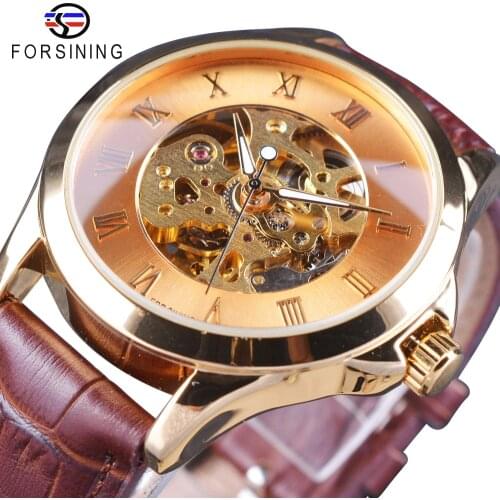 Forsining Roman Retro Design Brown Minimalist Style Golden Movement Mens Watches Top Brand Luxury Automatic Skeleton Wristwatch