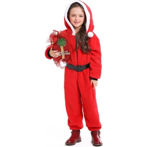 Child Christmas Santa Claus Costume Coral Fleece Jumpsuit Pajamas Boys Girls New Year Outfit