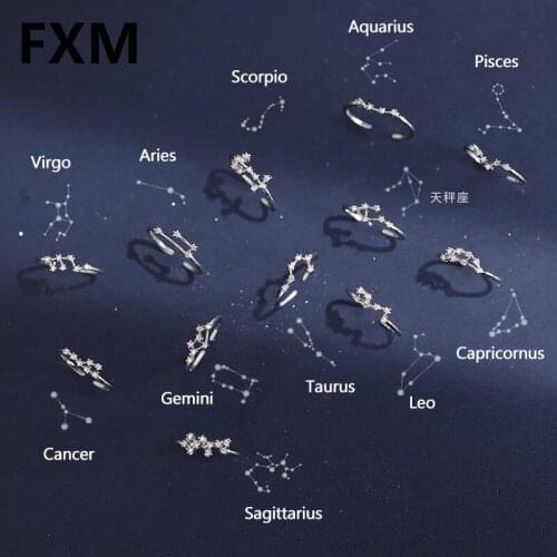 FXM Fashion New 12 Constellation Rings For Women Cubic Zircon Adjustable Zodiac Rings Silver Color Jewelry Gifts Dropshipping