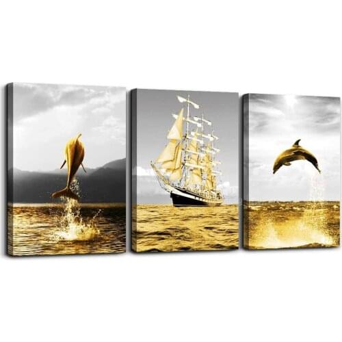 Artwork Canvas Prints 3 Panels Home Bathroom Wall Decor Posters Golden Ocean Fish And The Sailboats Painting