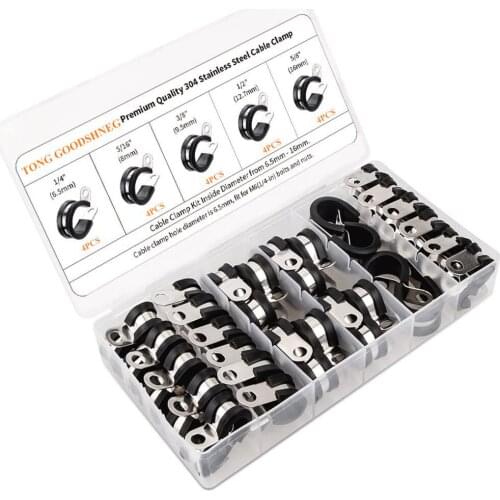 Cable Clamps Kit,304 Stainless Steel Rubber Cushion Pipe Clamps Assorted 1/4'' 5/16'' 3/8'' 1/2'' 5/8'',Metal Clamp Pipe Hoop