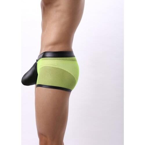 Newest Mesh PU Leather Sexy Mens Underwear Boxers Open Crotch Boxer Shorts Men U Convex Low Waist Male Underpants