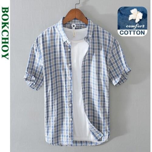 2021 Summer And Spring New MenFashion Striped Short Sleeve Shirt Casual Half Sleeve Plaid Shirt Top Workwear White Blue GC-L869