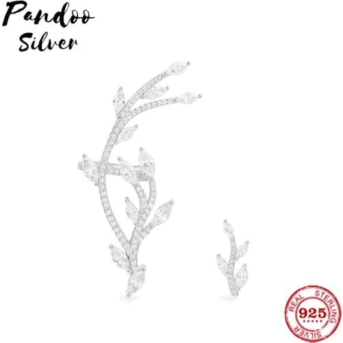Pandoo Fashion Charm Sterling Silver Original 1:1 Copy,Asymmetric Statement Leaf Earrings With Stud Jewelry Gift For Female