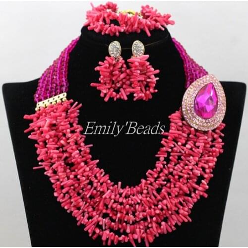 Amazing NEW African Coral Beads Mix Crystal Beads Bridal Jewelry Set Fuchsia Pink Nigerian Beads for Wedding Free Shipping CJ532